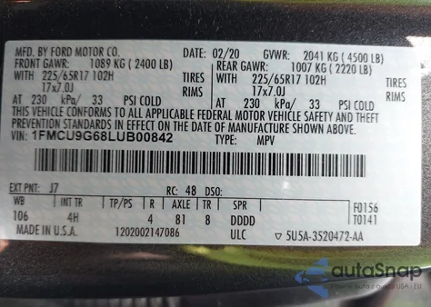 2020 Ford Escape Se из США, поврежденный, VIN 1FMCU9G68LUB00842